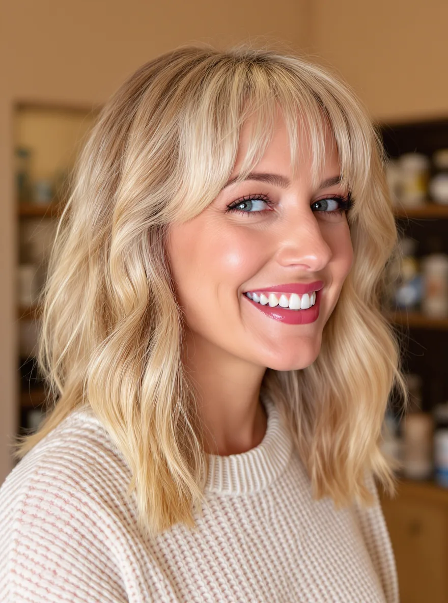 Medium-Length Vanilla Blonde Layered Bob with Waves